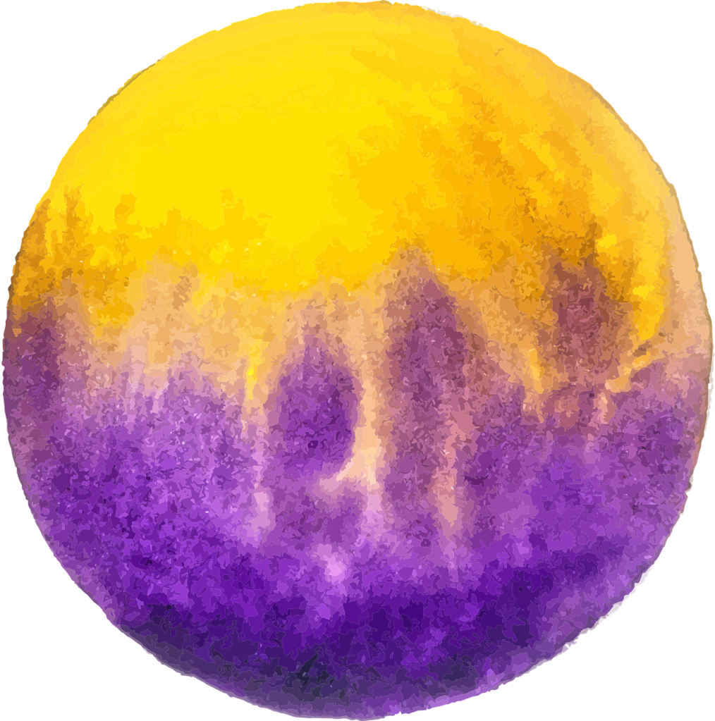a round abstract watercolour painting: the top half is yellow, the bottom half is purple, and both colours blend and clash in the middle